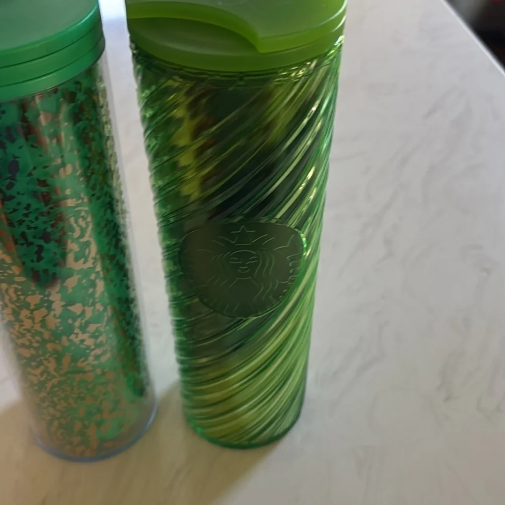 Lot of 2 Starbucks Green and Green and Gold Foil Tumbler